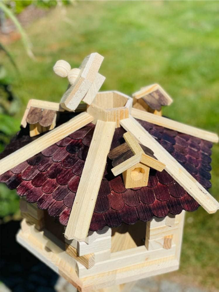 Sechseck Vogelhaus aus Holz L - XL Futterstelle mit und ohne Ständer handgefertigt (L ohne Ständer,