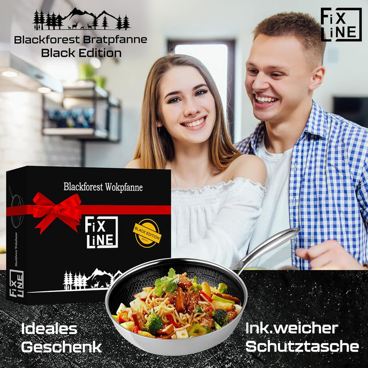 FIXLINE® Black Forest 2er Set Pfanne &amp; Wok 28cm - Natürliche keramische Beschichtung - Alle Herdarte