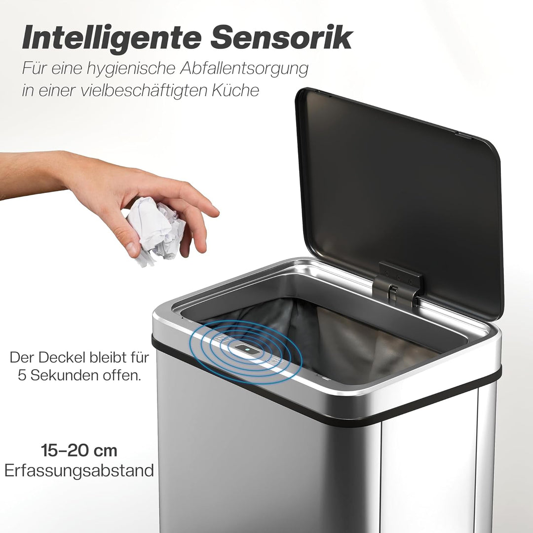 HOMCOM Sensor Mülleimer 40L Edelstahl Automatischer Mülleimer mit Soft-Close-Deckel Bewegungssensor