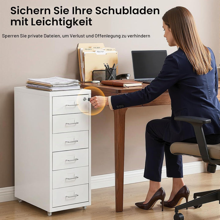 Rollcontainer mit 6 Schubladen, Aktenschrank Abschliessbar, Schubladenschrank Rollschrank Rollwagen
