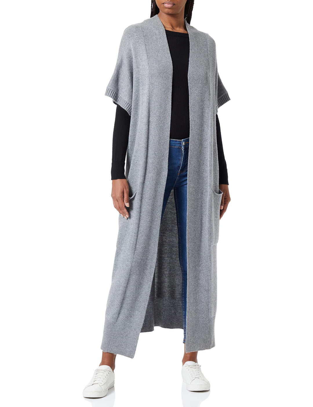 True Religion Damen Long Collarless Vest Strickjacke, Grey Melange