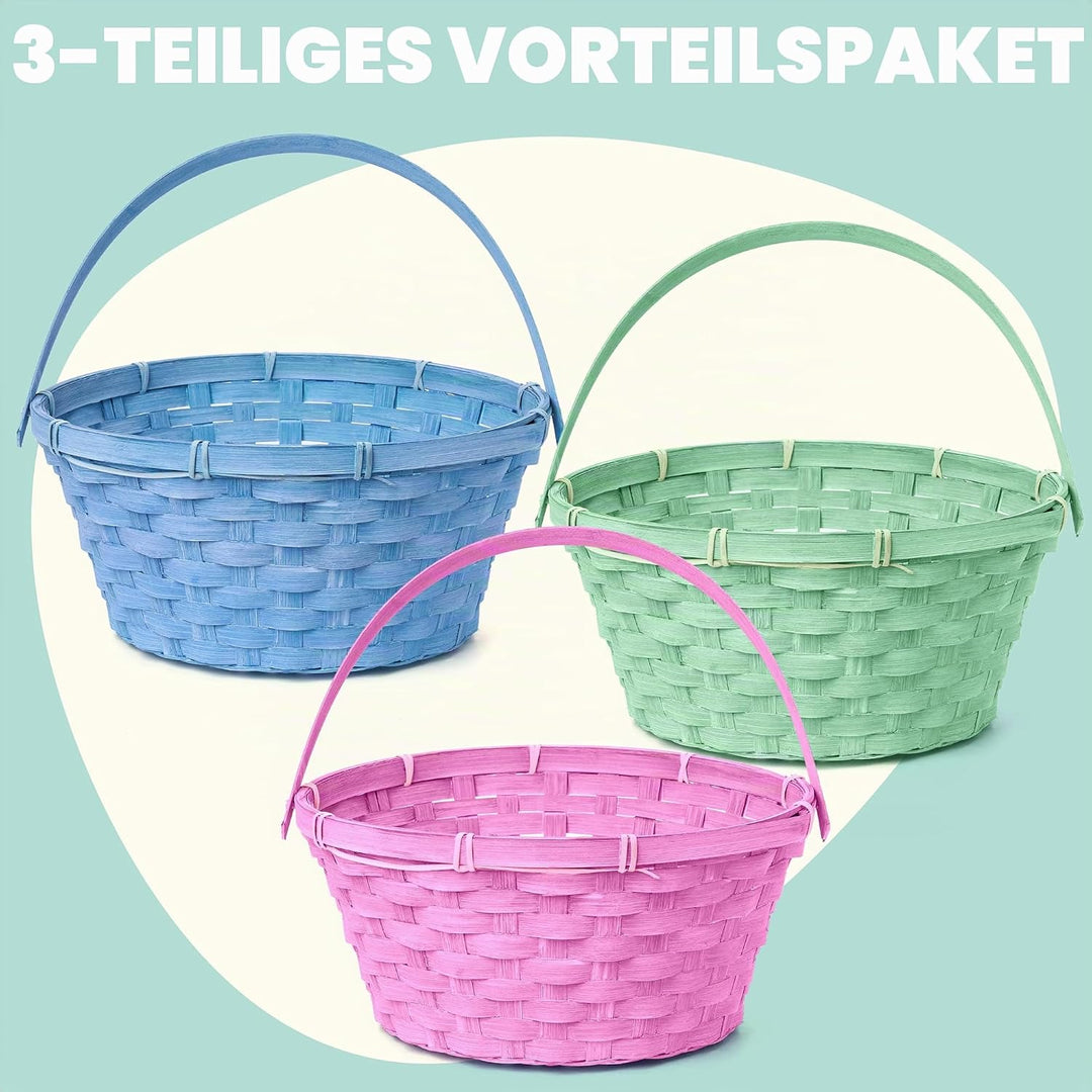 JOYIN 3 Stück Oster-Bambuskörbe, blau, rosa, grün, rund, gewebter Goodie-Korb mit klappbarem Griff,