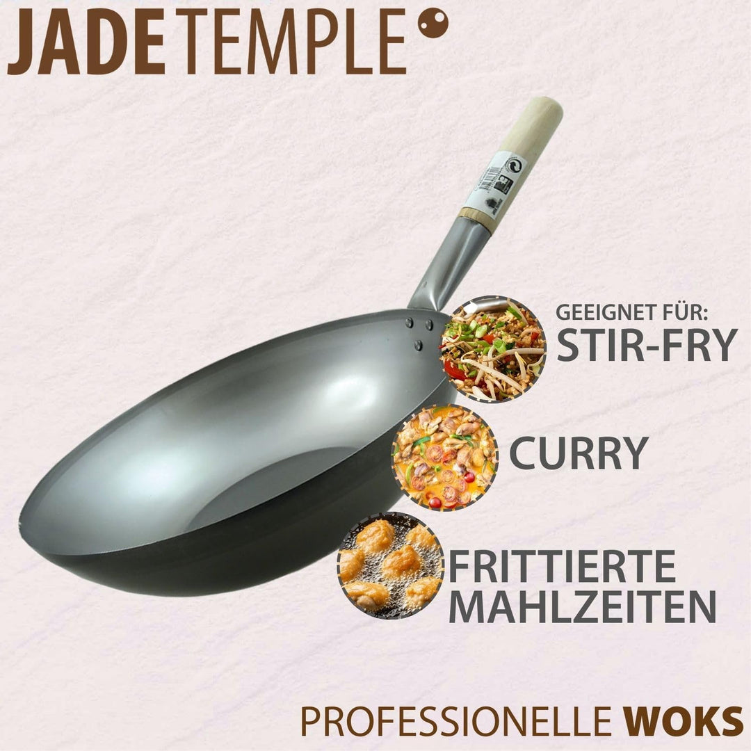 JADE TEMPLE Wok aus Carbonstahl, mit flachem Boden und 35 cm Durchmesser, mit rundem Holzgriff Durch