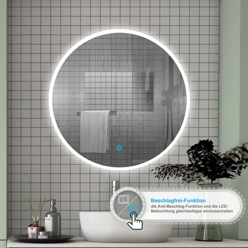 Aica Sanitär LED Spiegel Rund 50 cm Kalt/Neutral/Warmweiss, dimmbar, Memory Funktion, Wandschalter/T