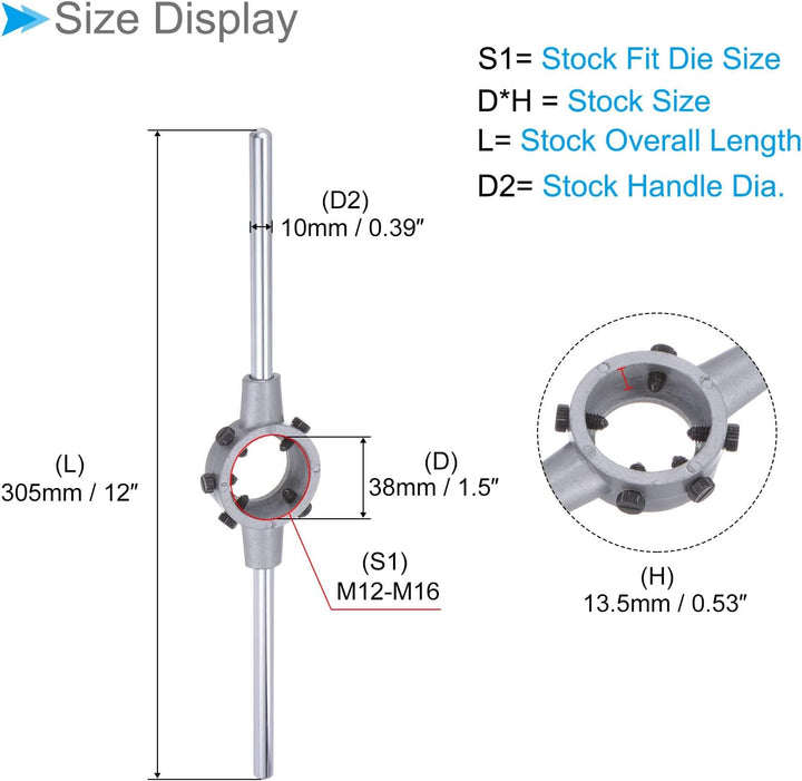 Die Stock Griff Set, M12x1.5 Gewindeschneideisen & Passend für 38mm Aussendurchmesser / M12-M16 Gewi