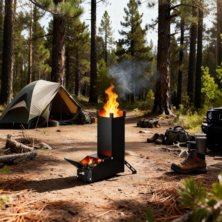 Raketenofen Edelstahl Feuerschale Kamin – Tragbarer Camping Holzofen, Campingofen mit Tasche, Campin