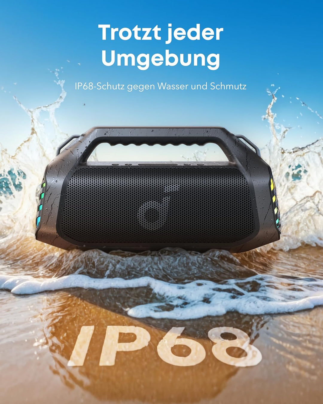 soundcore Boom 2 Pro Outdoor-Lautsprecher, 140W, 2+2 Kanäle, BassUp 2.0, 20h, IP68, RGB-Lichter, Pow