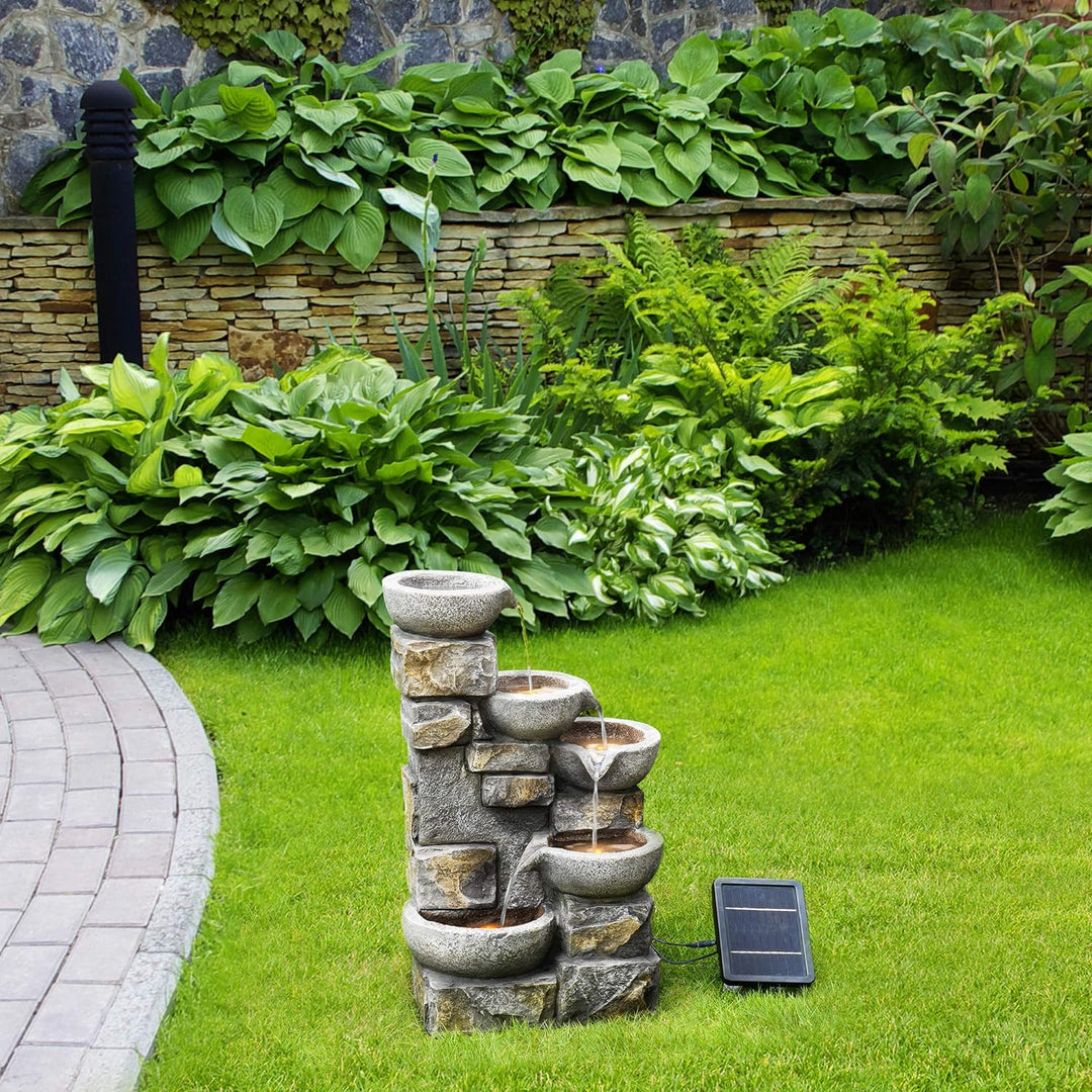 Solar-Wasserbrunnen für den Garten aus Stein mit Ornamenten und LEDs PT-SF0003