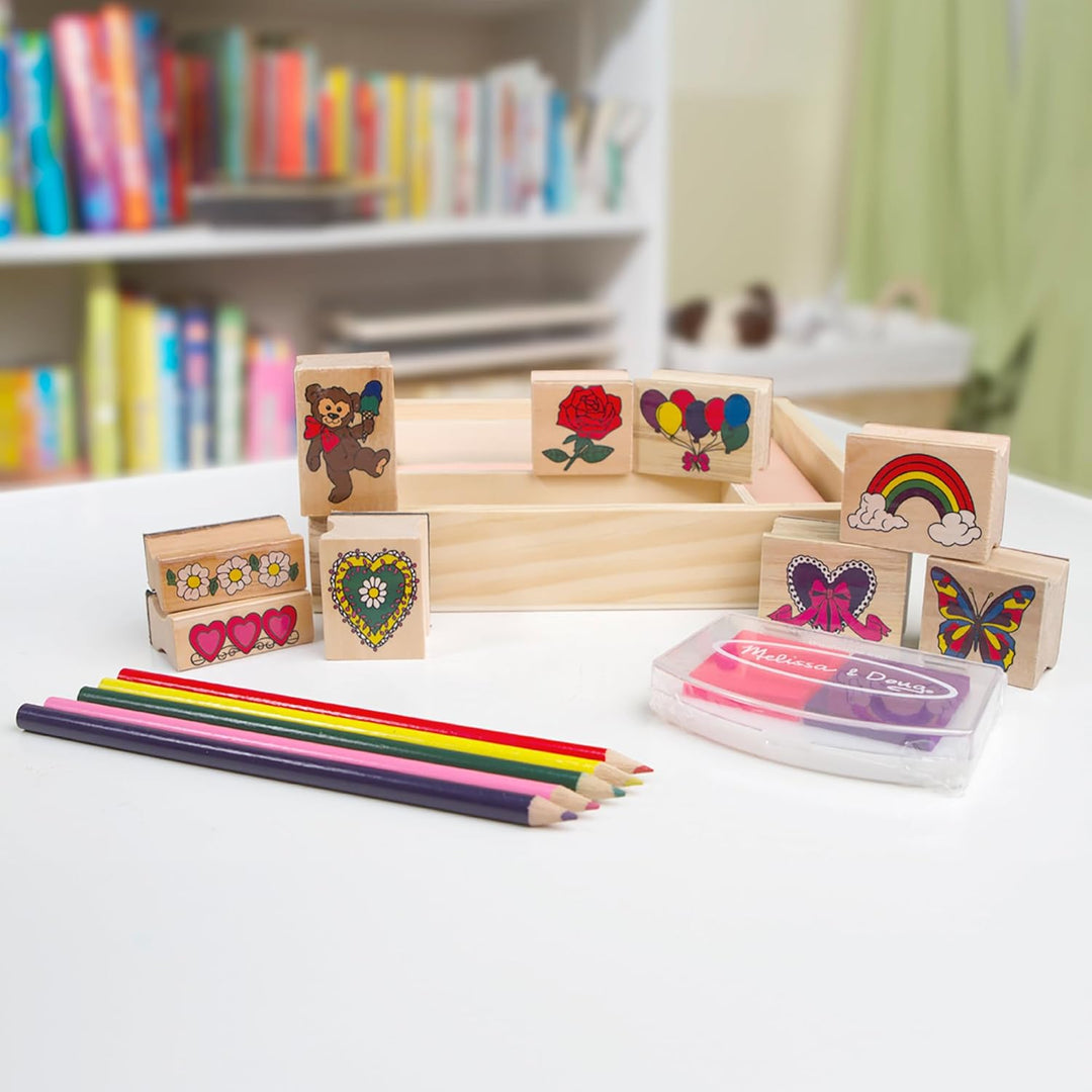 Melissa & Doug - Holzstempelset Freundschaft – 9 Stempel, 5 Buntstifte und EIN zweifarbiges Stempelk