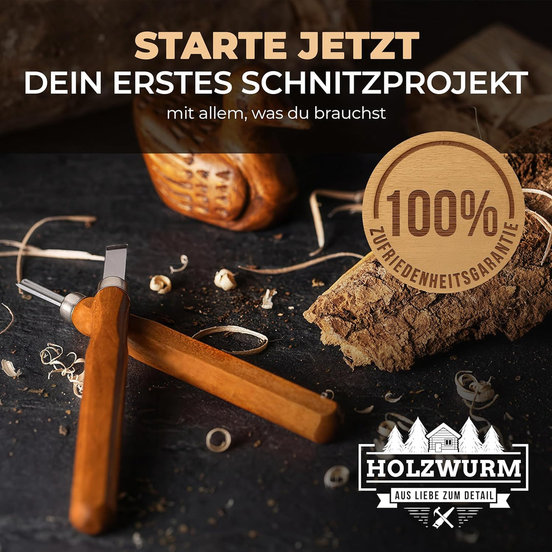 HOLZWURM Holz-Schnitzwerkzeug Set 12-tlg, inkl. Tasche, Anleitung & Abziehstein, ideales Schnitzmess