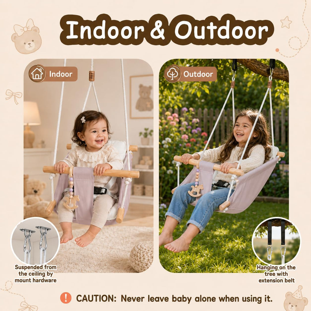 Babyschaukel Indoor 3 in 1,Hängeschaukelsitz aus Holz mit Sicherheitsgurt und Baumwollkissen, Einste