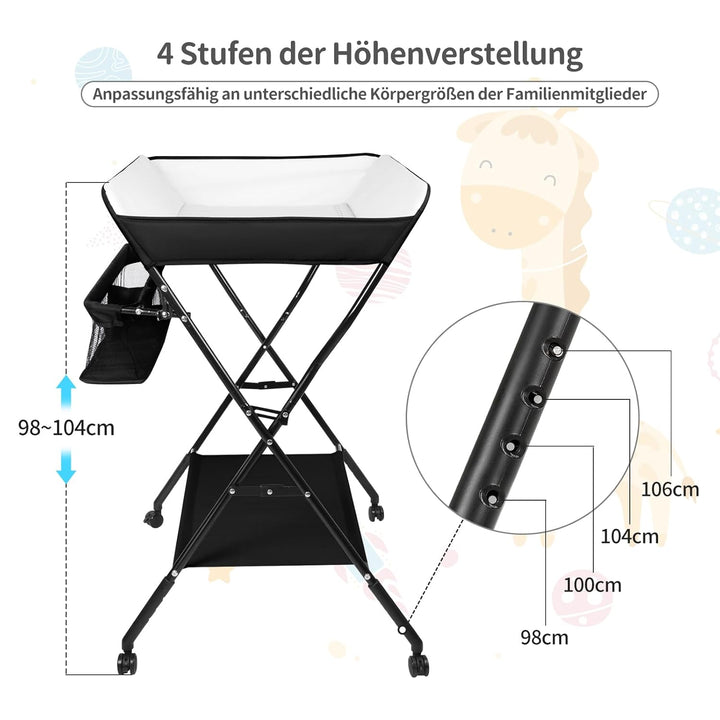 OHMG Baby Wickelkombi Klappbare Wickelkommode,Wickeltisch mit Rollen,Mobiler Wickeltisch mit Wickela