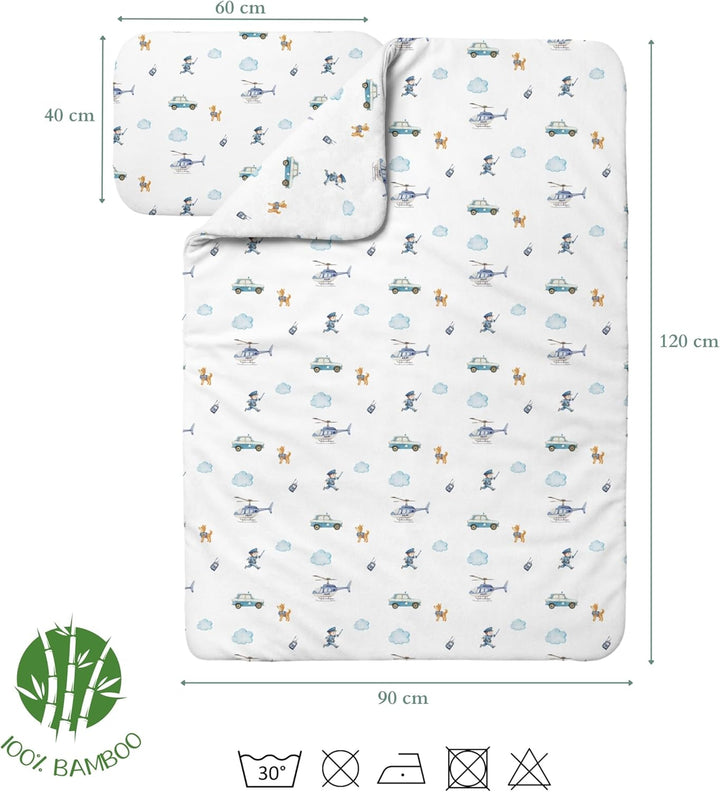 Waldin Baby Kinder Bettwäscheset 100% Bambus, ohne Bezug, Hypoallergen, Decke und Kissen, Polizei/We