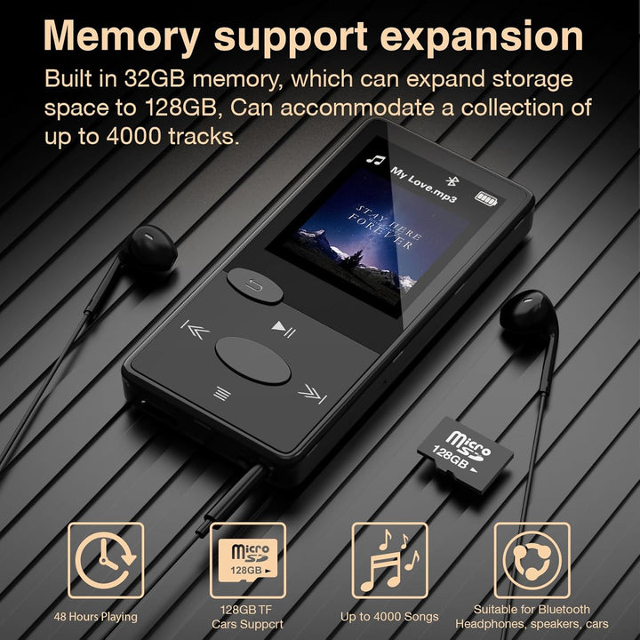 Mp3 Player Bluetooth 5.3 HiFi-Sound, Mp3 Player FM-Radio, Mini Mp3-Player 32G für Kinder und Erwachs