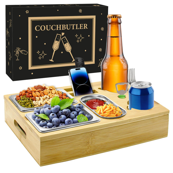 Couchbar Snackbox mit Geschenkbox, Holz Couch Bar, Couch Tablett Mit Snackschalen Aus Edelstahl, Get