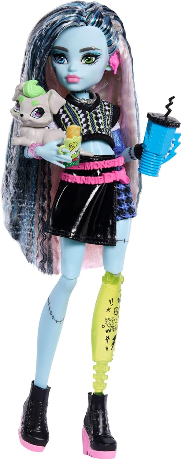 Monster High-Puppe, Frankie Stein in bauchfreiem Pullover und schwarzem Lederrock mit Hund Watzie un