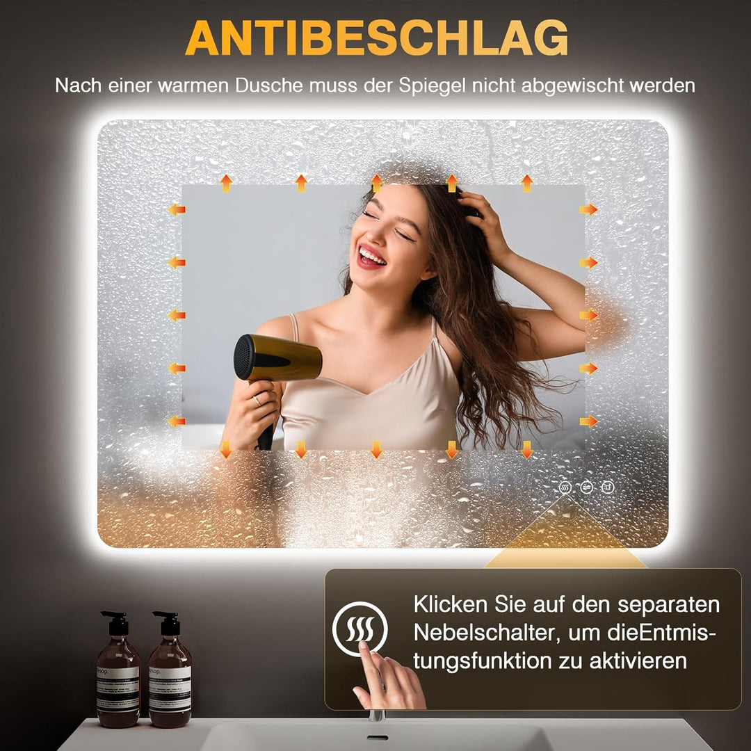 Badezimmer Spiegel mit Beleuchtung, Led Bad Spiegel mit Licht, 3 Lichtfarben, Dimmbar, Antibeschlag,