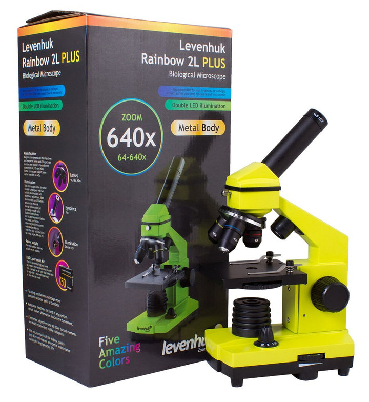 Levenhuk Rainbow 2L Plus Lime Kinder Heimlabor STEM-Set mit Tragbarem Biologischen Mikroskop mit 640