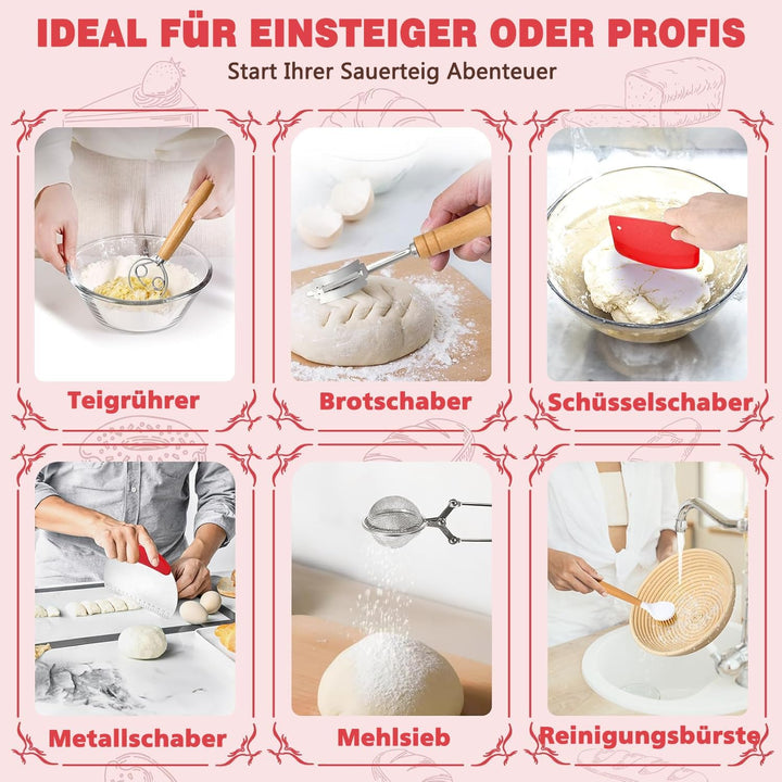 Sauerteig Starter Set, Gärkorb Brot Set mit 2 Gärkörbchen (23cm Runde &amp; 25cm Ovale), Rattan, 1000ml