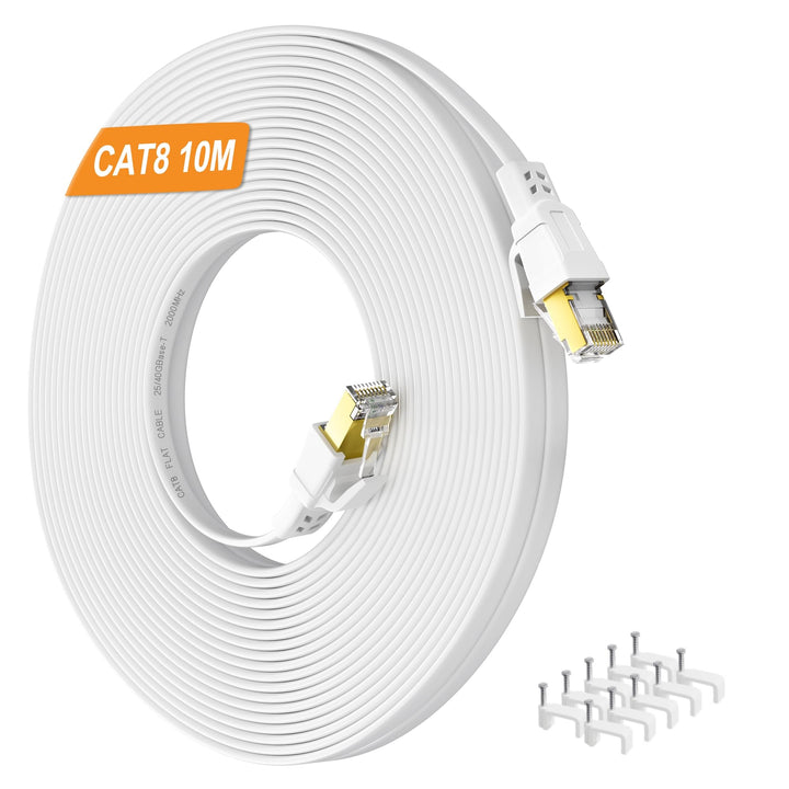 Nowunke LAN Kabel 10meter Cat 8 Netzwerkkabel 10m Flach Ethernet Kabel Weiss Hochgeschwindigkeit 40G
