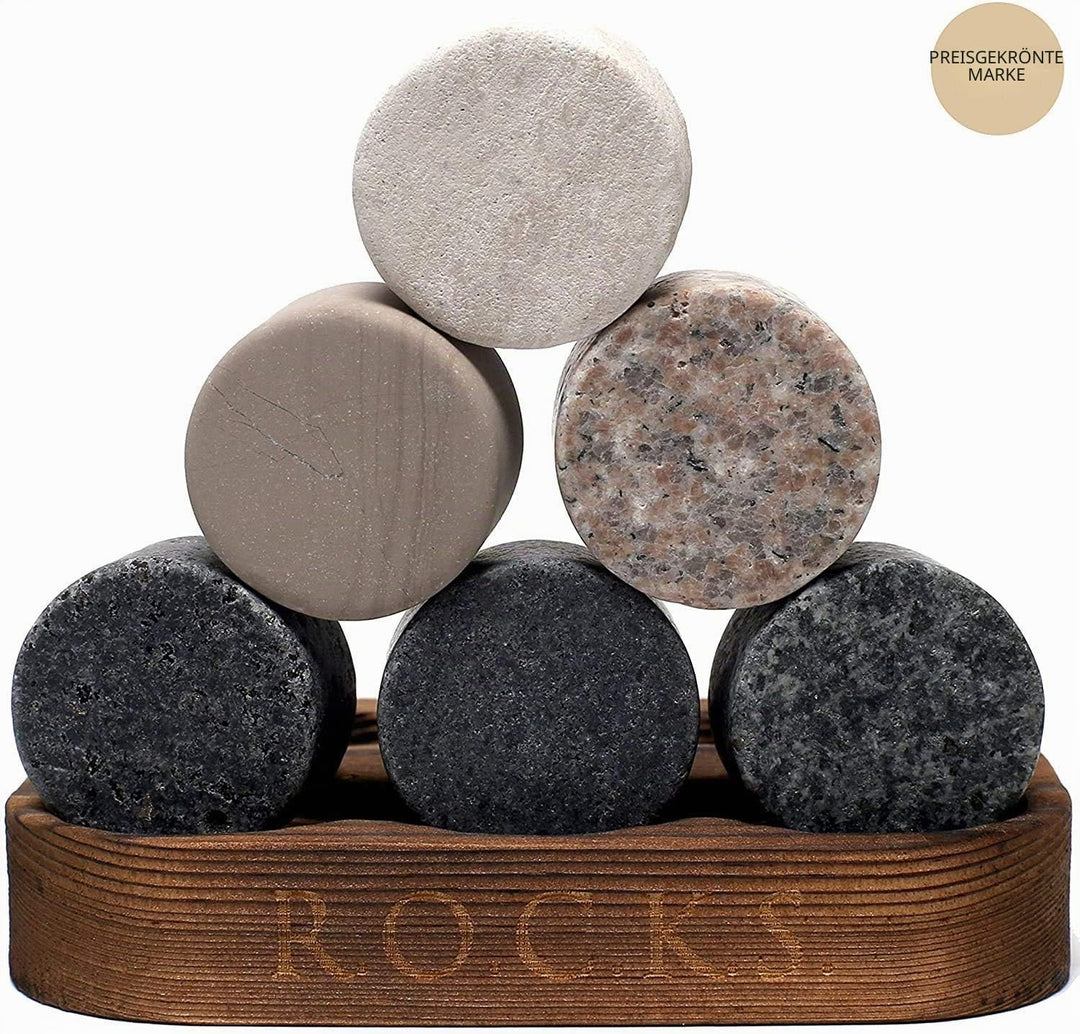 Whiskey Steine Set - 6 Handgefertigte Runde Granit Whisky Steine - 2 Kristall Whisky Gläser - Präsen