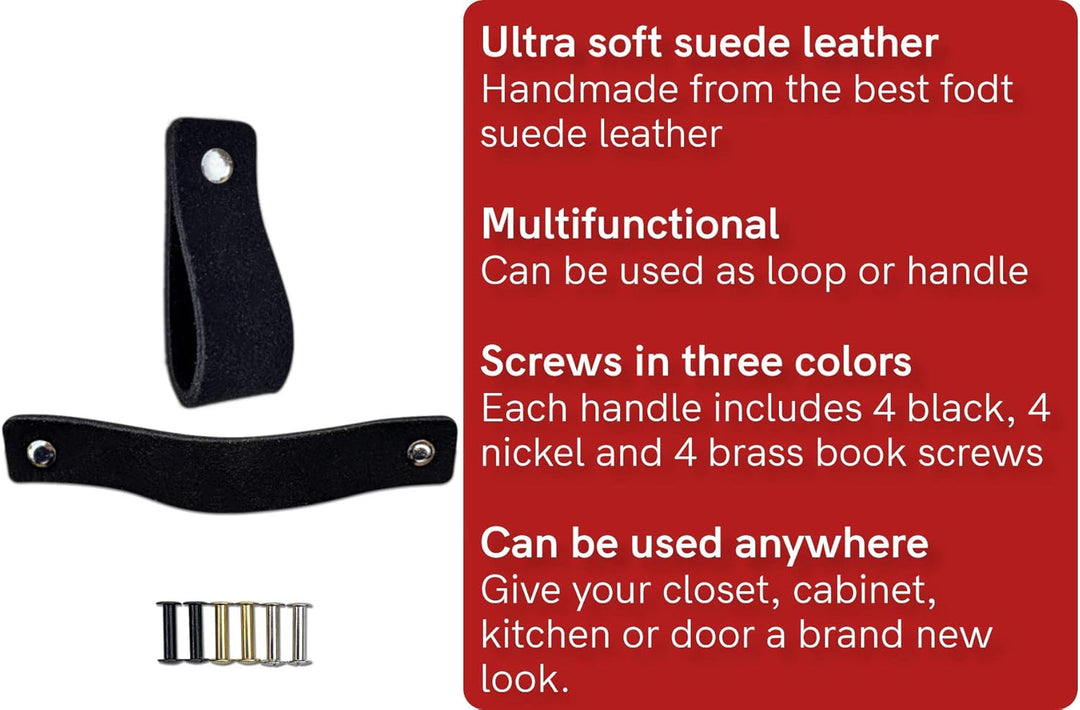 Brute Strength - Ledergriffe für Möbel - Wildleder - Schwarz - 12 Stück - 16,5 x 2,5 cm - Schrankgri