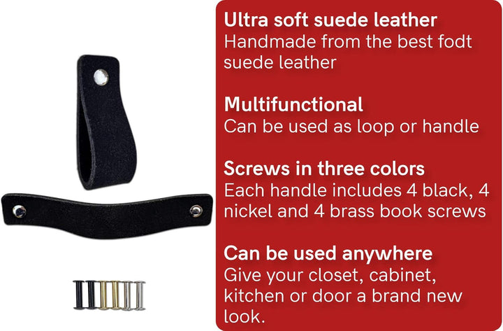 Brute Strength - Ledergriffe für Möbel - Wildleder - Schwarz - 12 Stück - 16,5 x 2,5 cm - Schrankgri