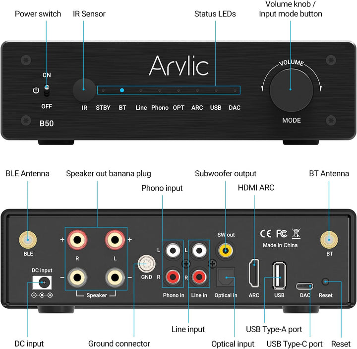 Arylic B50 Verstärker mit Bluetooth, Stereo Amplifier, 2 Kanal 50W*2 Home Audio AMP, mit HDMI, ARC,