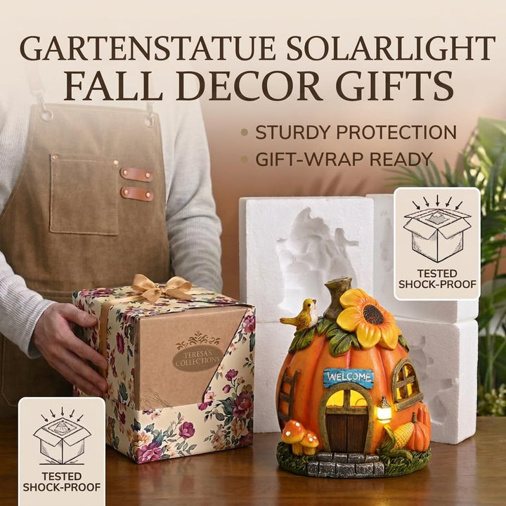 TERESA'S COLLECTIONS Herbstdeko Outdoor,Gartendeko für Draussen, Wetterfeste Kürbishaus mit Solarleu