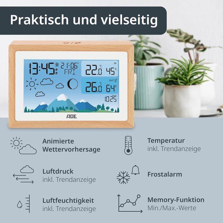 ADE Wetterstation Funk mit Aussensensor | Innen- und Aussentemperatur mit Wettervorhersage | Hygrome