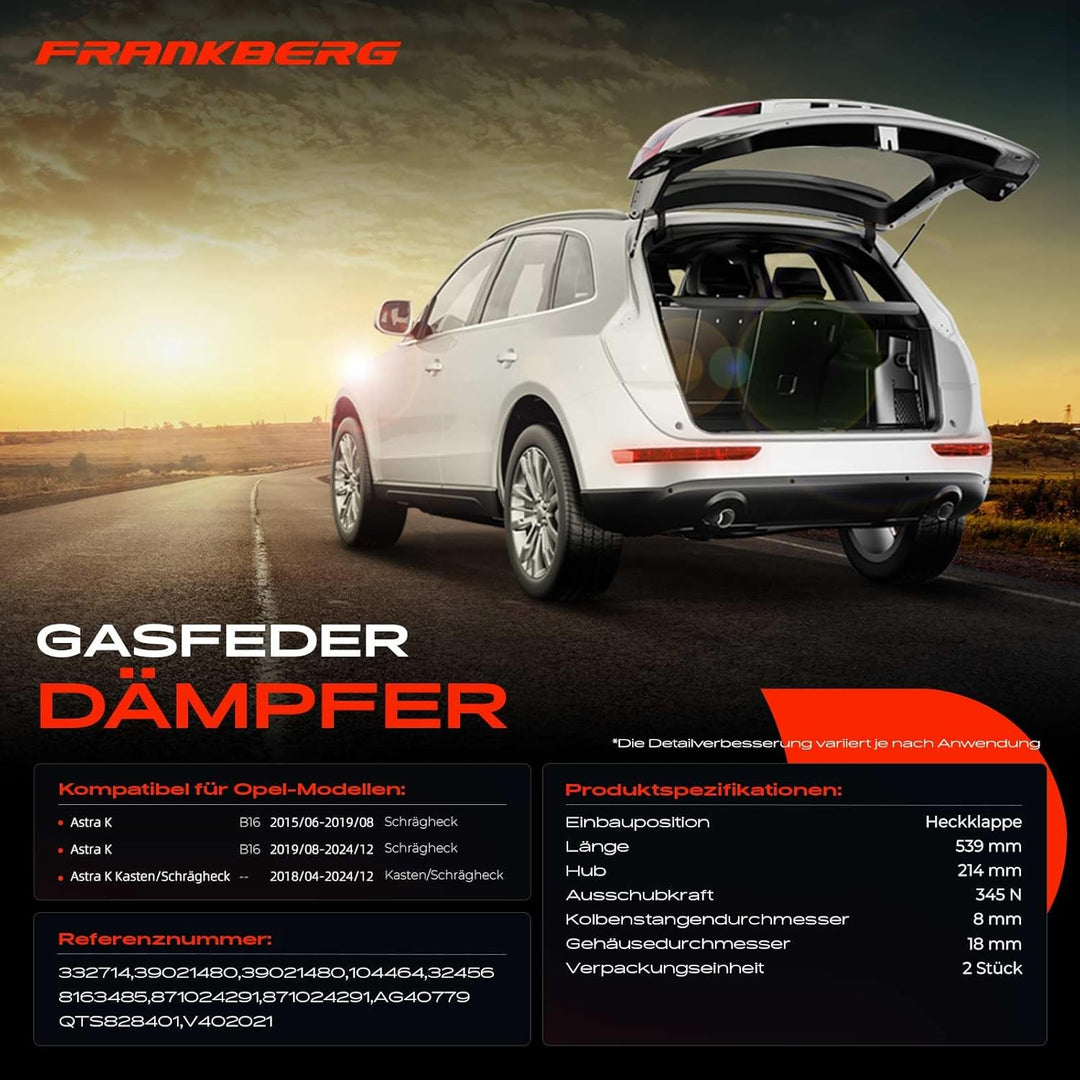 Frankberg 2x Gasfeder Dämpfer Heckklappe Kompatibel mit Astra K B16 1.0L-1.6L Schrägheck 2015-2024 A