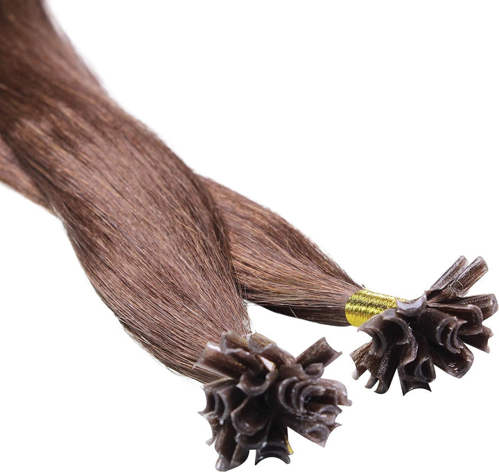 hair2heart Premium Extensions Echthaar Bondings glatt - 100 Strähnen 0.8g 50cm 4/77 mittelbraun brau