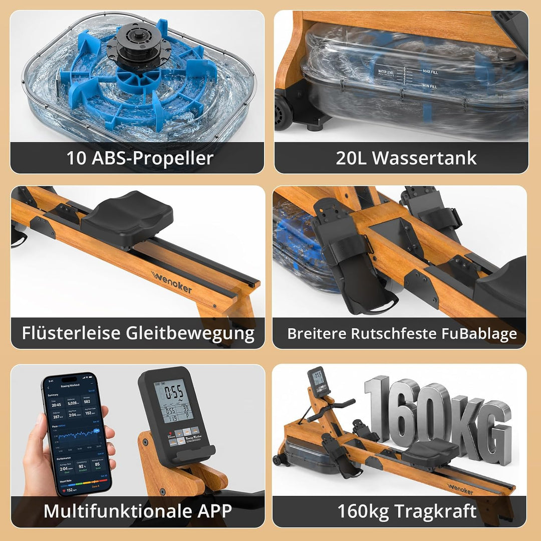Wenoker Wasser-Rudergerät für Zuhause, klappbar – 160 kg, leise | APP &amp; Bluetooth, LCD, Tablet-Halte
