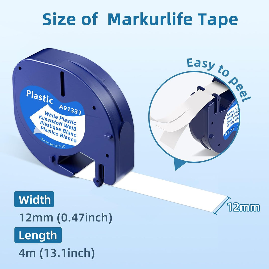 Markurlife 12mm Ersatz für Dymo Letratag Etikettenband 12mm x 4m Plastic White 91221 Kompatibel mit