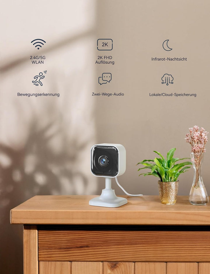GNCC 2K Plug-in Überwachungskamera Innen, WLAN Indoor Kamera mit Nachtsicht, Hundekamera mit App, Be