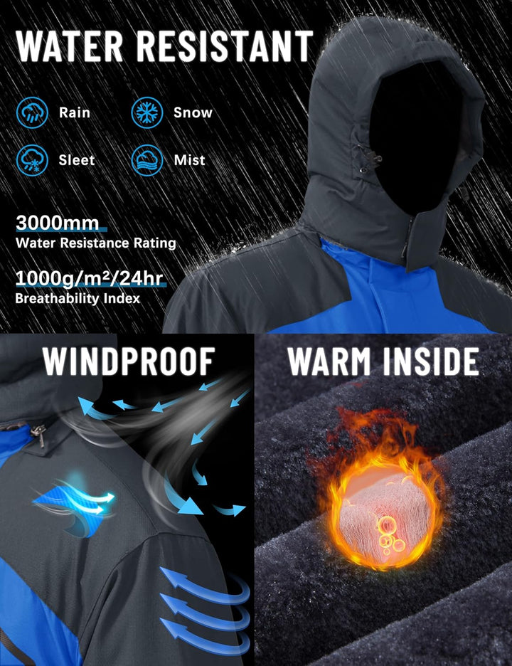 TACVASEN Herren Winter Wasserdichte Winddichte Winterjacke Warme Fleece-Futter Ski Regenmantel mit K