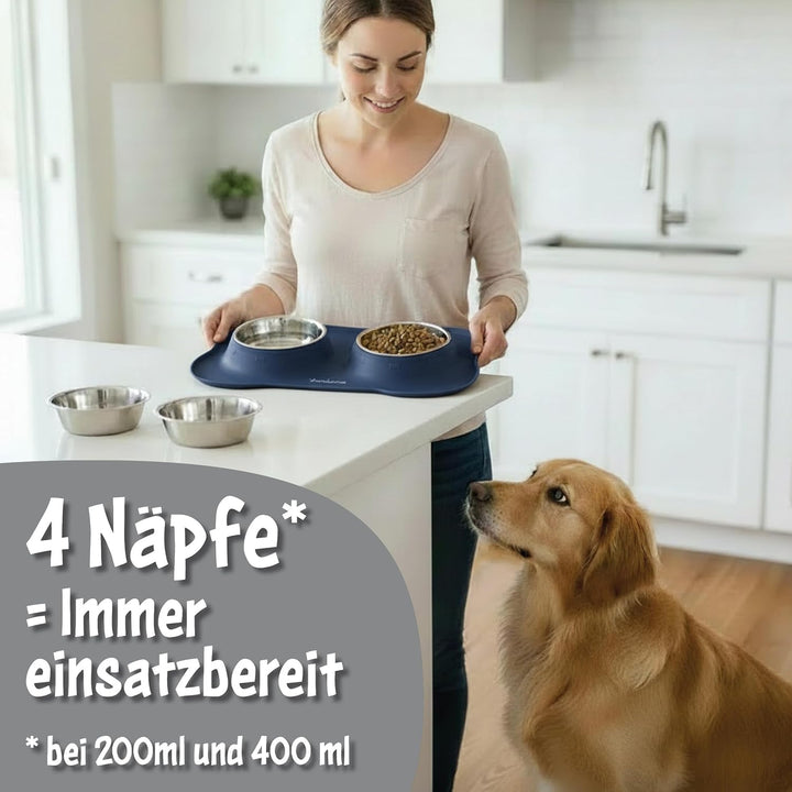 KaraLuna Napfunterlage aus Silikon mit Edelstahl Futternapf I Für Katzen &amp; Hunde (400ml, Blau) Blau