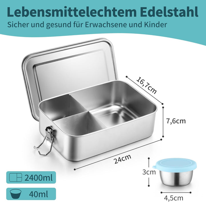 Joyfair Brotdose mit Fächern, Edelstahl Bento Box mit 3 Fächern, Metall Lunchbox Brotzeitdose mit Au