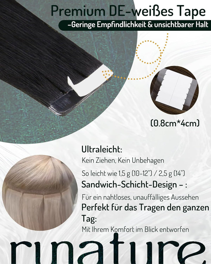 RUNATURE Tape in Extensions Schwarz 50 cm Haarverlängerung Echthaar Echte Haare #1 20 Stück 50gram 5