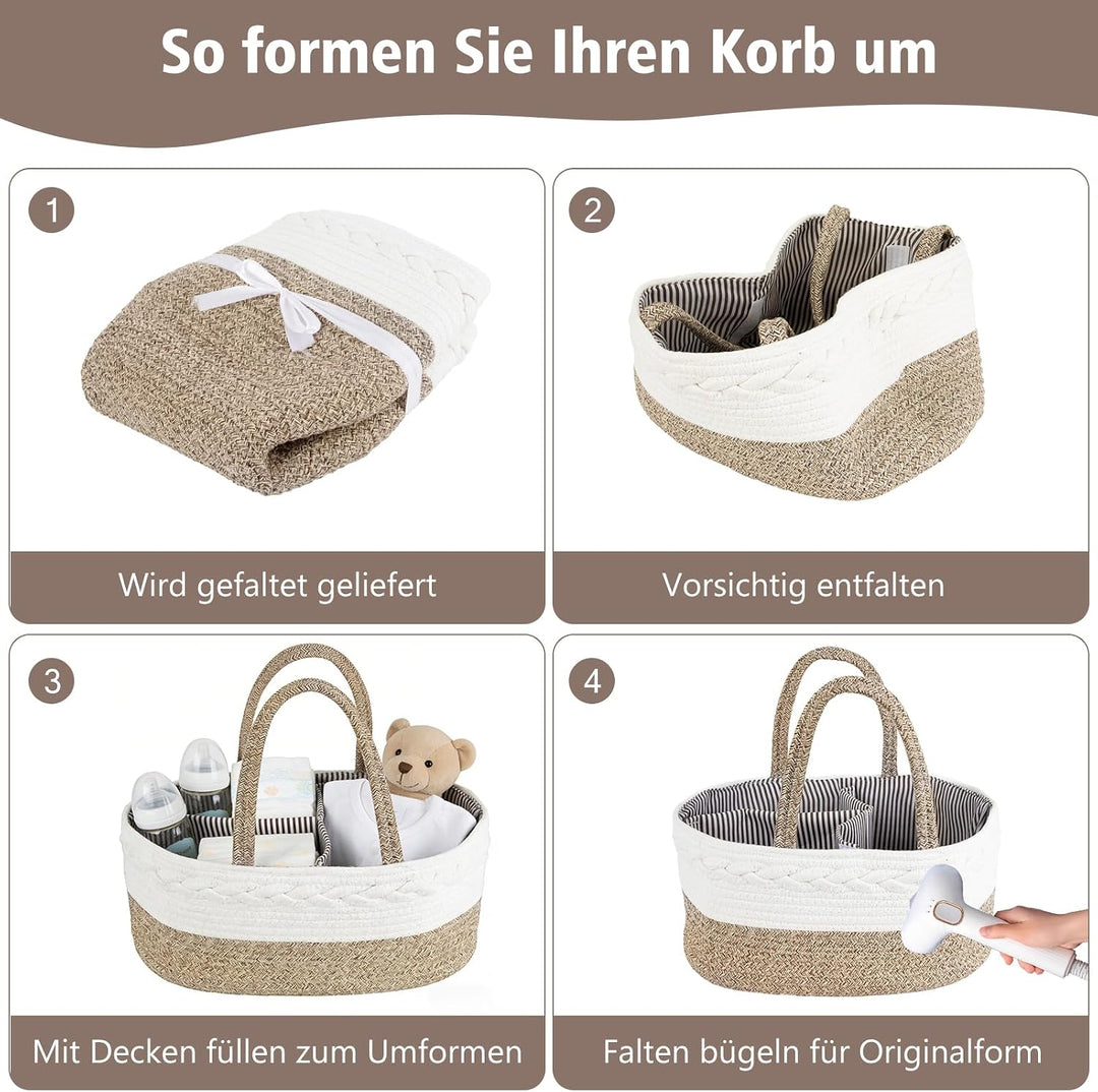 Windel Caddy Organizer, Baby Organizer Korb mit wechselbaren Fächern | 100% Baumwoll Leinen Wickelti
