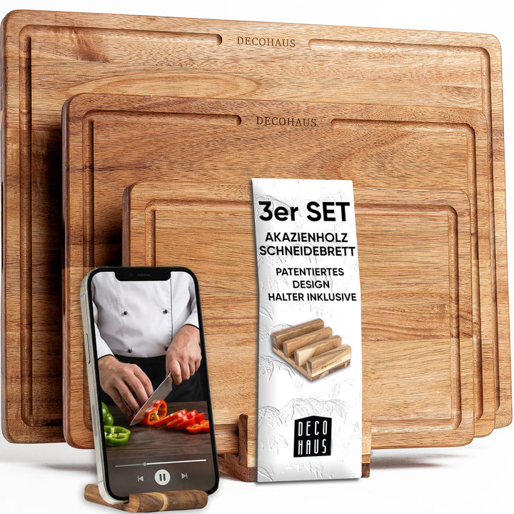 Deco haus Schneidebrett Holz 3er Set aus Robustem Akazie [2cm DICKE] - Schneidebretter mit Saftrille