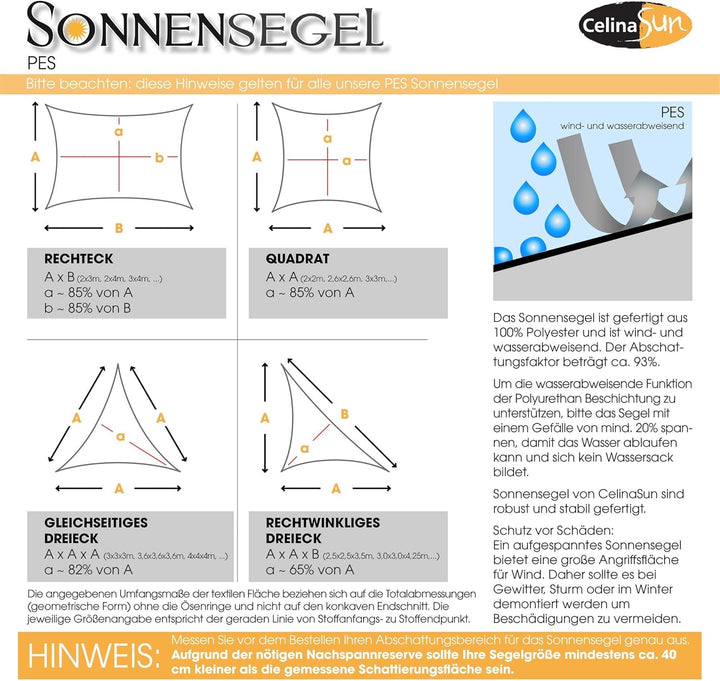 CelinaSun Sonnensegel wasserdicht inkl Befestigungsseile Premium PES wasserabweisend imprägniert Rec