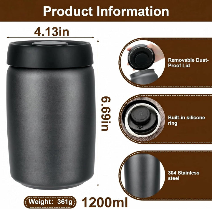 VINATO 1.2L Edelstahl Kaffeedose Vakuumbehälter für Kaffee, Tee oder Lebensmittel – Luftdicht, Aroma