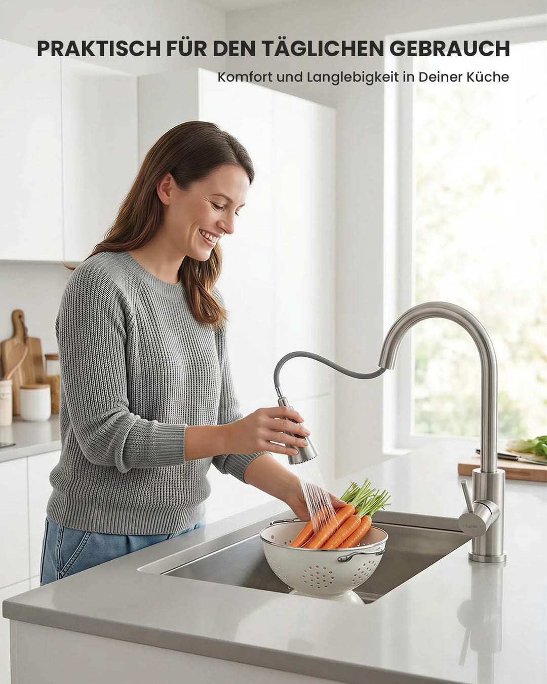 DAYONE Niederdruck Küchenarmatur, Ausziehbarer Wasserhahn mit 3 Strahlarten, Wasserhahn Küche mit 3