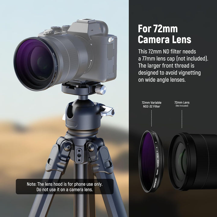 NEEWER 72mm Variabler ND Filter mit 77mm Gegenlichtblende, ND2-32 1-5 Stops Einstellbarer Graufilter