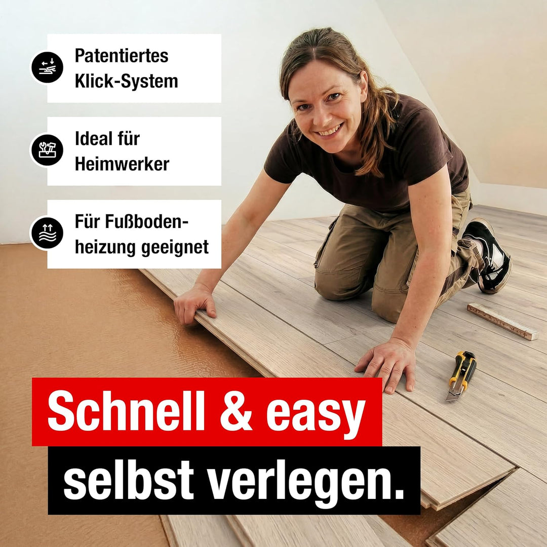 Premium Klick-Laminat-Boden, 2,54 m², inkl. kostenlose Trittschalldämmung & Fussleisten, Stärke 8 mm