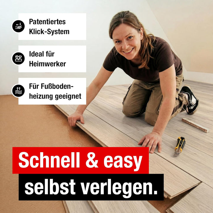 Premium Klick-Laminat-Boden, 2,54 m², inkl. kostenlose Trittschalldämmung & Fussleisten, Stärke 8 mm