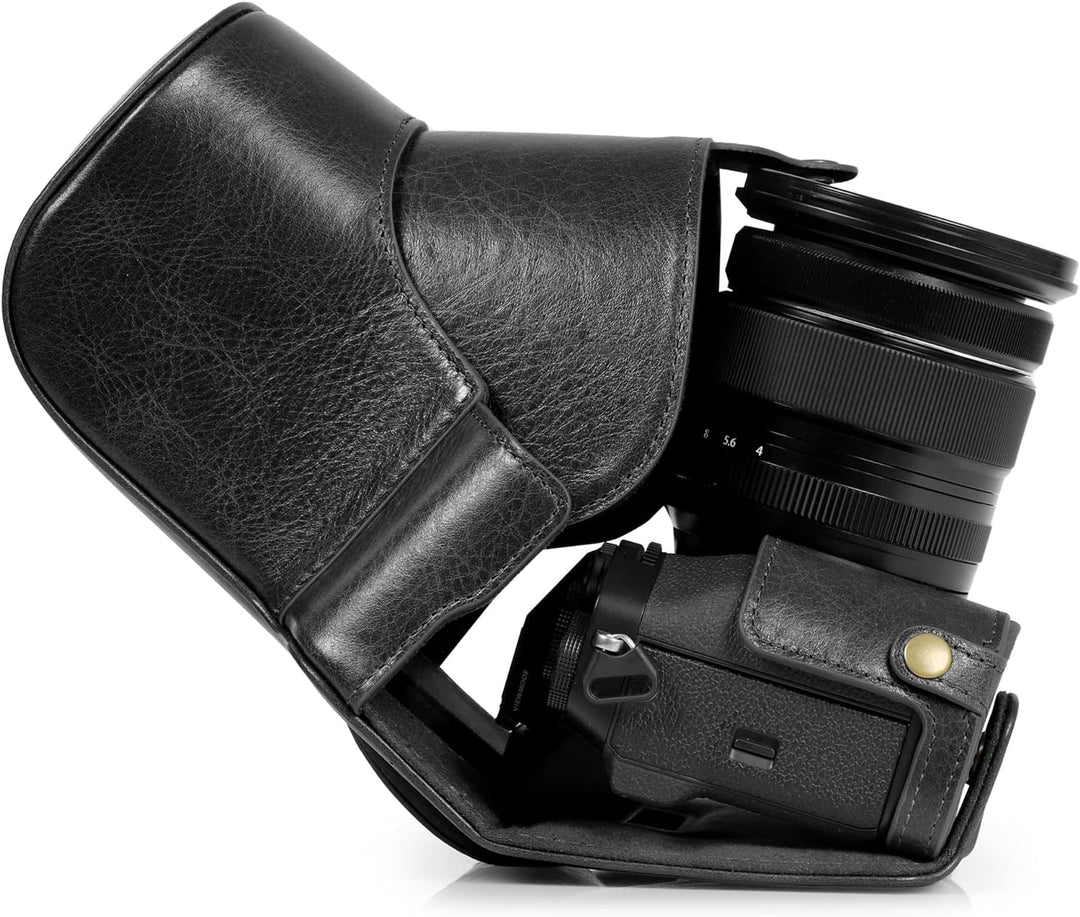 MegaGear Ever Ready Echtleder Kameratasche kompatibel mit Fujifilm X-T5 (16-80mm)(Schwarz), Schwarz