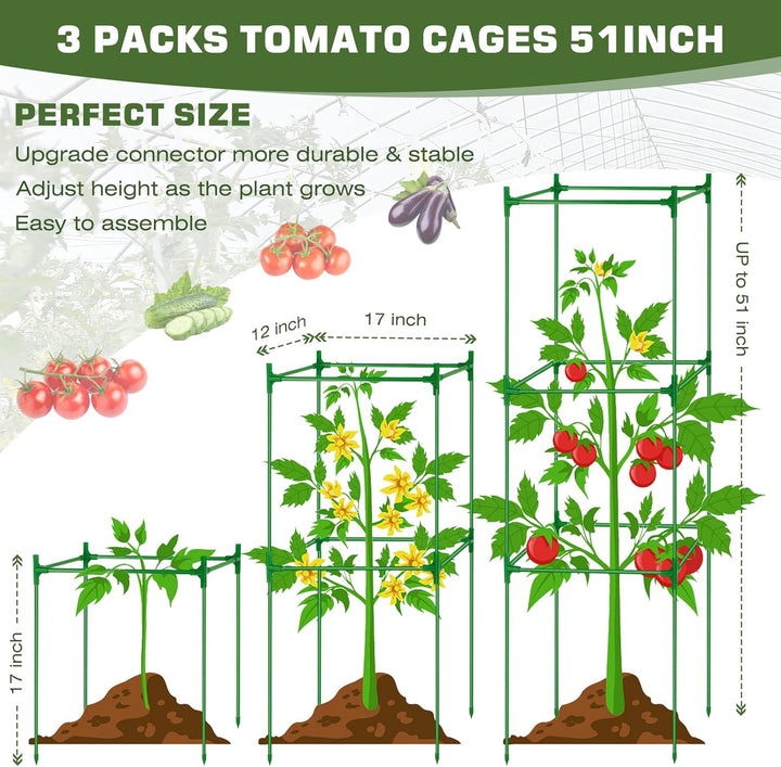 3 Stück Tomatenkäfige Quadratische Tomaten Rankhilfe, 130cm Verstellbar Tomatenturm Rankgitter Mit 5