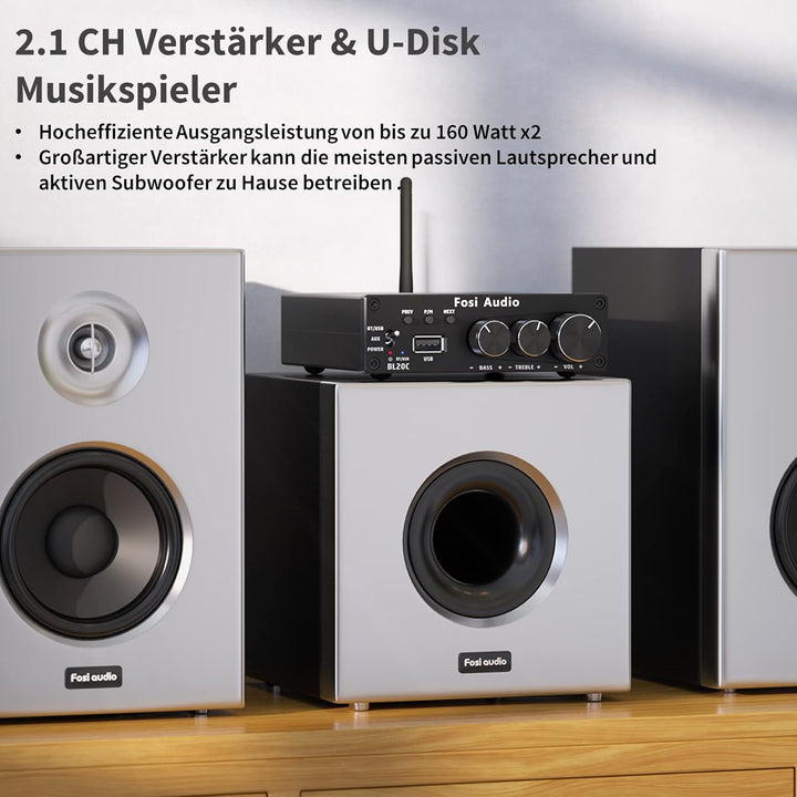 Fosi Audio BL20C HiFi Verstärker 320 Watt, Bluetooth 5.0 Mini 2.1 CH Klass-D TDA7498E Integrierter,